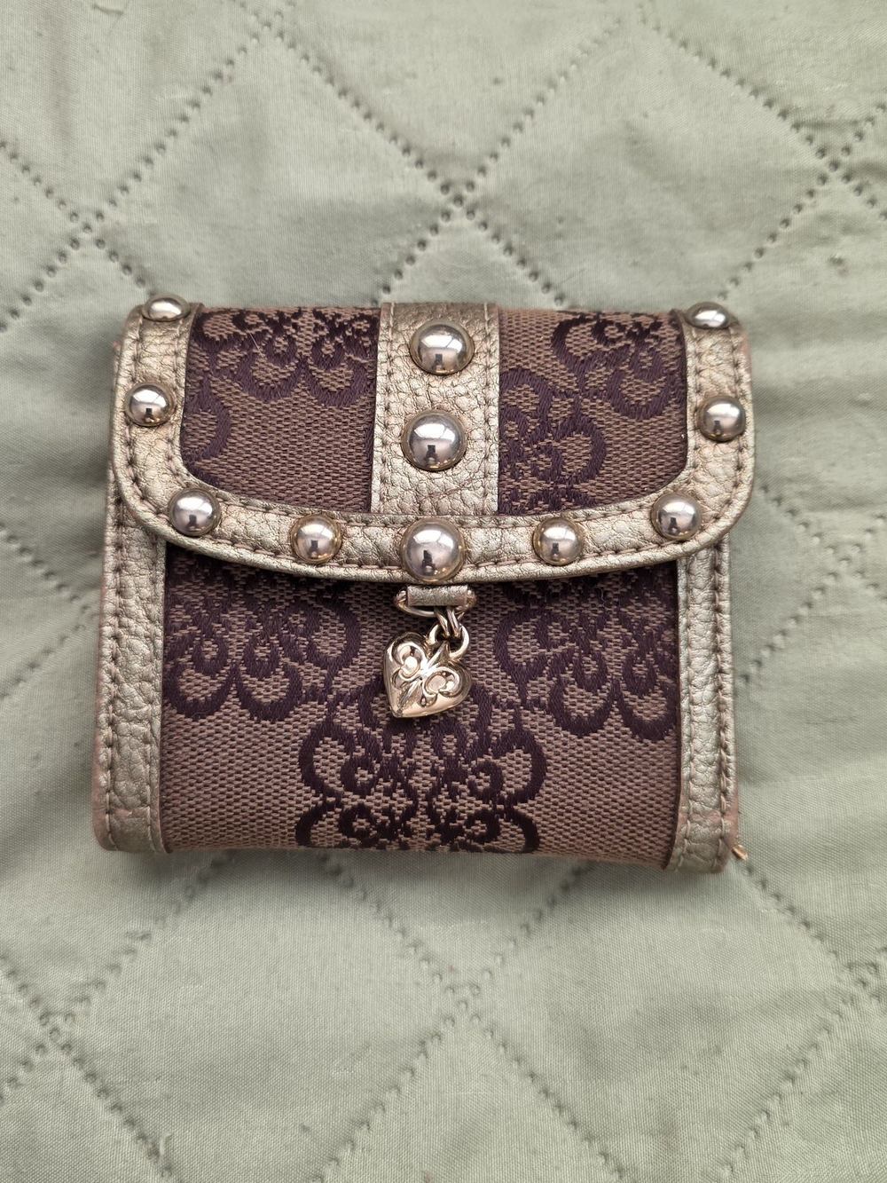 Women's Brown Patterned Wallet with Gold Stud Accents